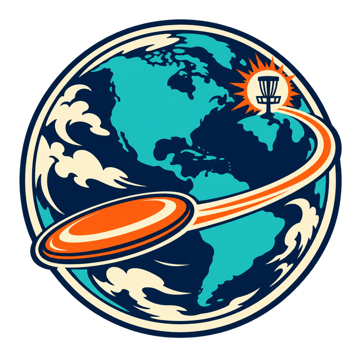 Illustration of a flying mini circling the globe toward a disc golf basket